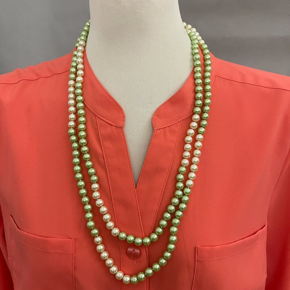 Green White Faux Pearls‎ Beaded Silver-tone Women's Fashion Long Necklace NWOT